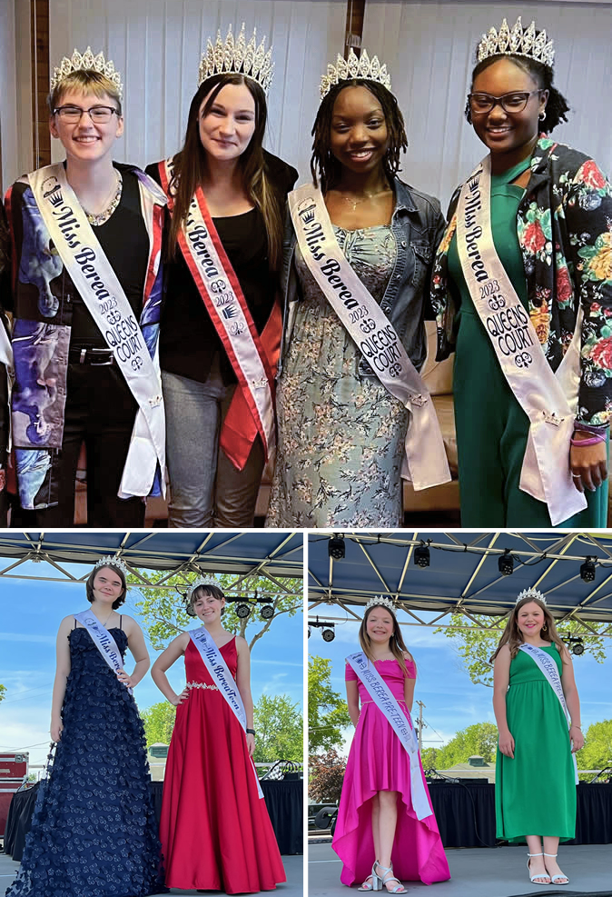 Top: Miss Berea, Annalise Kammerman (2nd from left) with Court Members (left to right) Allister Thomas, Myla Miller, Jordyn Maddox.  Bottom Left: Co-Miss Berea Teens Rayna Boyle and Elizabeth Spencer.  Bottom Right: Co-Miss Berea  Pre-Teens Ali Dobrunick and Vivian McManis.