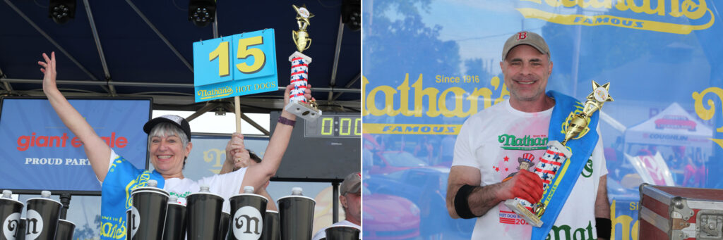 Top Female Finisher today was Larell Marie Mele (15 1/2 hot dogs in 10 minutes) and Top Male Finisher, Geoffrey Esper (50 hot dogs in 10 minutes)